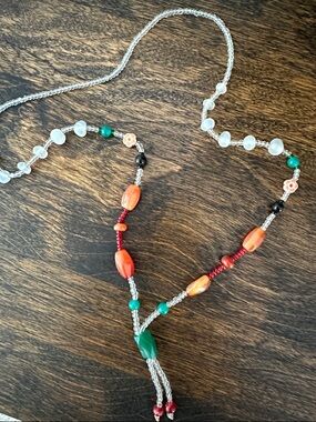 Boho Multicolor Glass Bead Lariat Necklace - Red & Green